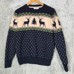 Aspen Reindeer Fair Isle Winter Sweater Navy Blue Skiing Snowboarding Mens L